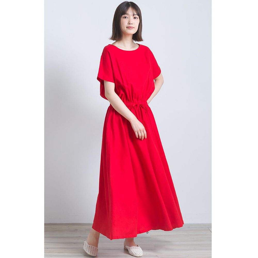 日本 OMNES - 嫘縈混麻涼爽縮腰短袖洋裝-紅