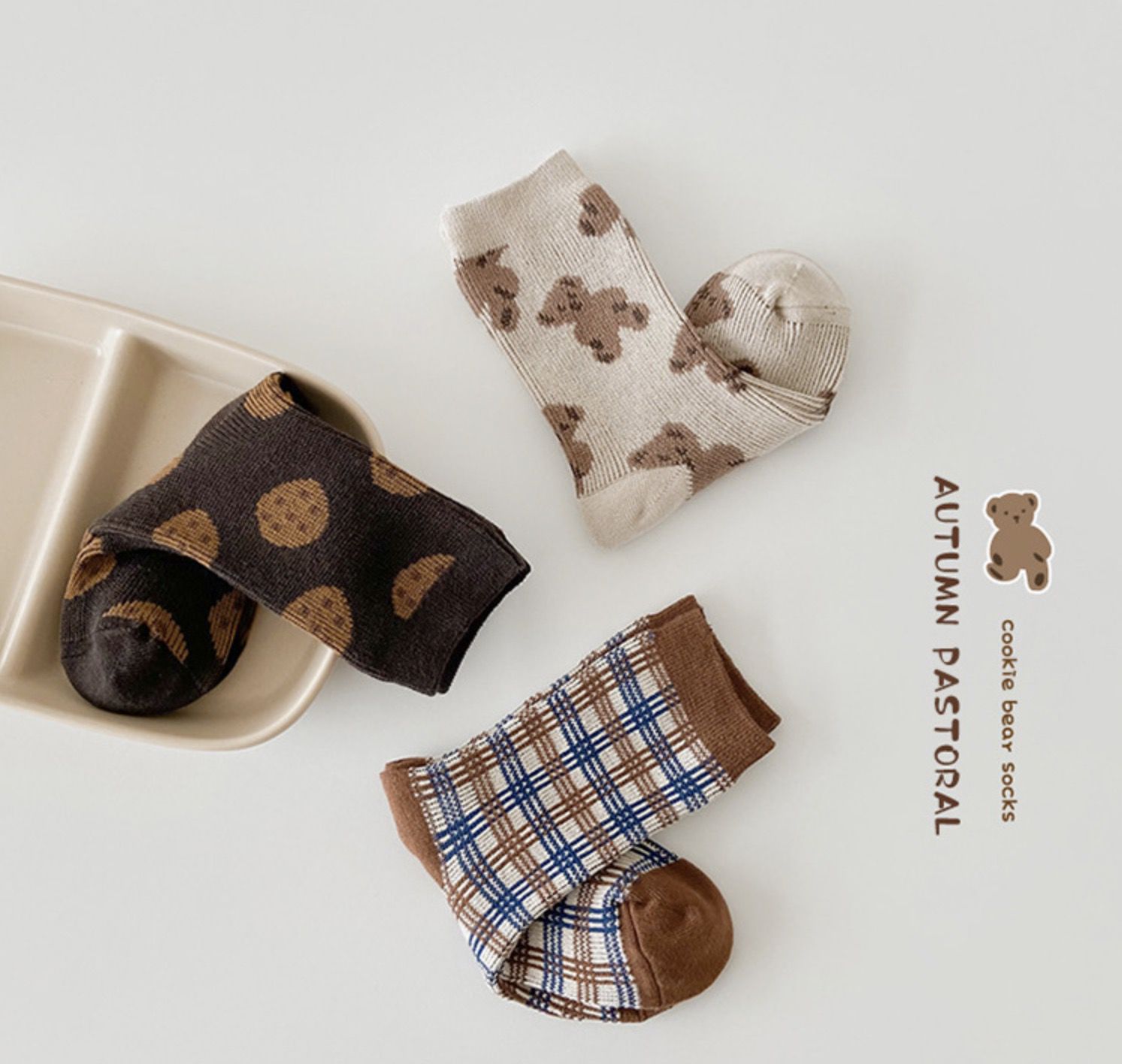 love, charlotte - 小熊與餅乾精梳棉中筒襪-3 雙一組