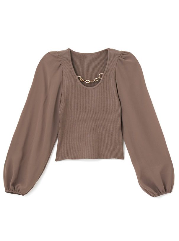 日本 GRL - 透膚薄紗拼接圓領金屬鏈長袖上衣-黑