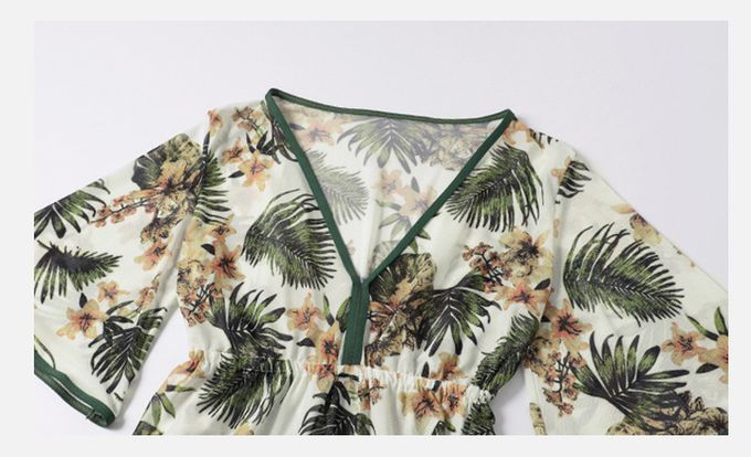 小清新比基尼罩衫顯瘦修身泳衣(三件組)-復古葉片-棕+綠+白-比基尼上衣、泳褲、罩衫