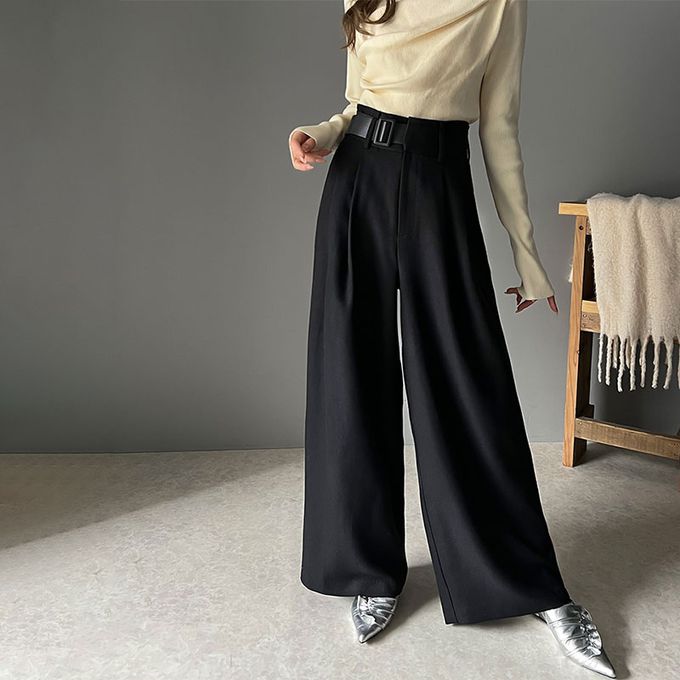 日本 Classical Elf - 腰帶造型粗花呢高腰美腿寬褲-淺杏