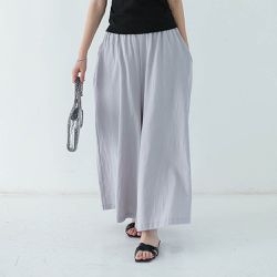 Yukié - 腰鬆緊百搭舒適寬褲-淺灰色