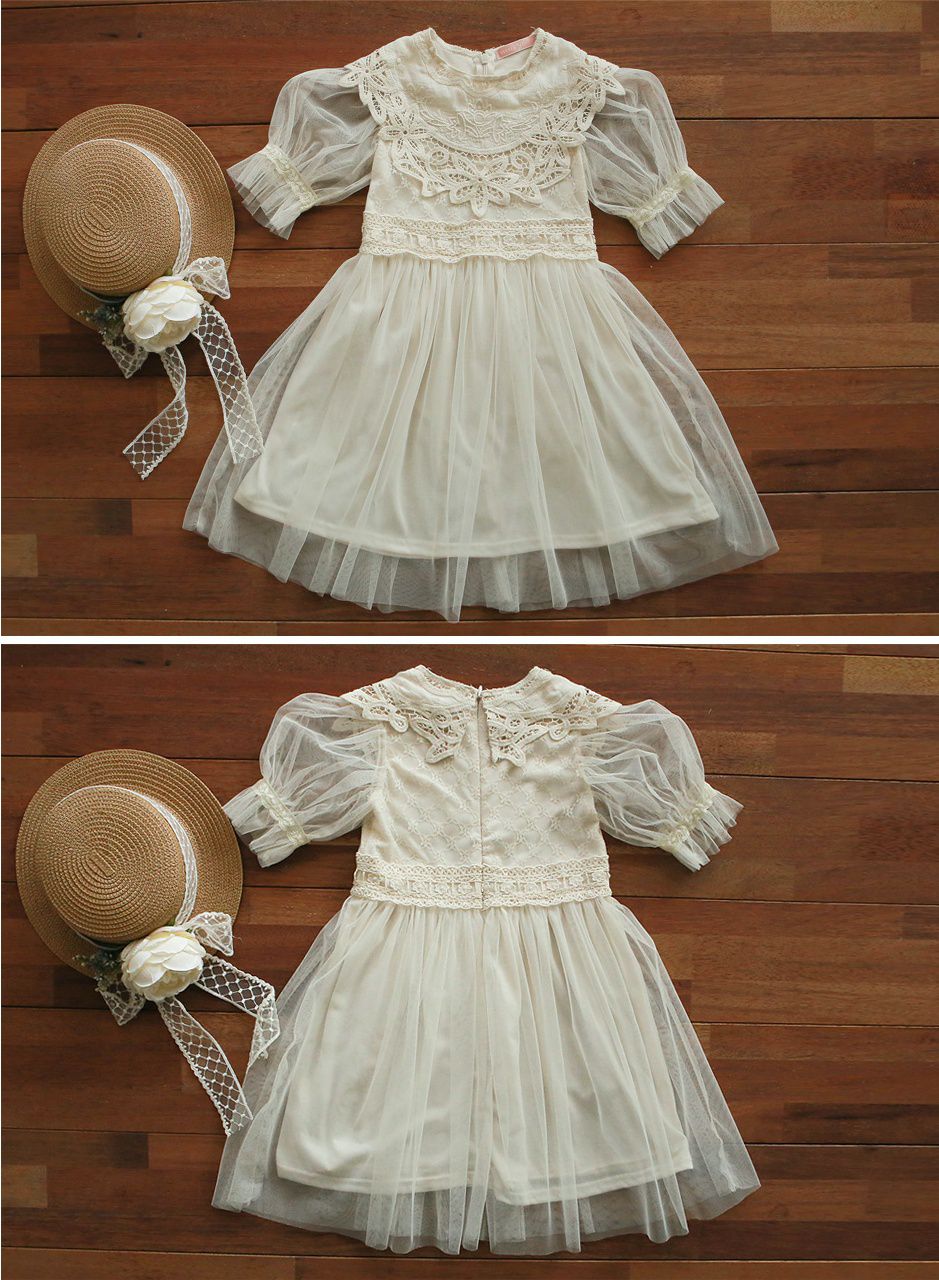 韓國 PuellaFLO - 鏤空花朵圓領網紗洋裝-米白