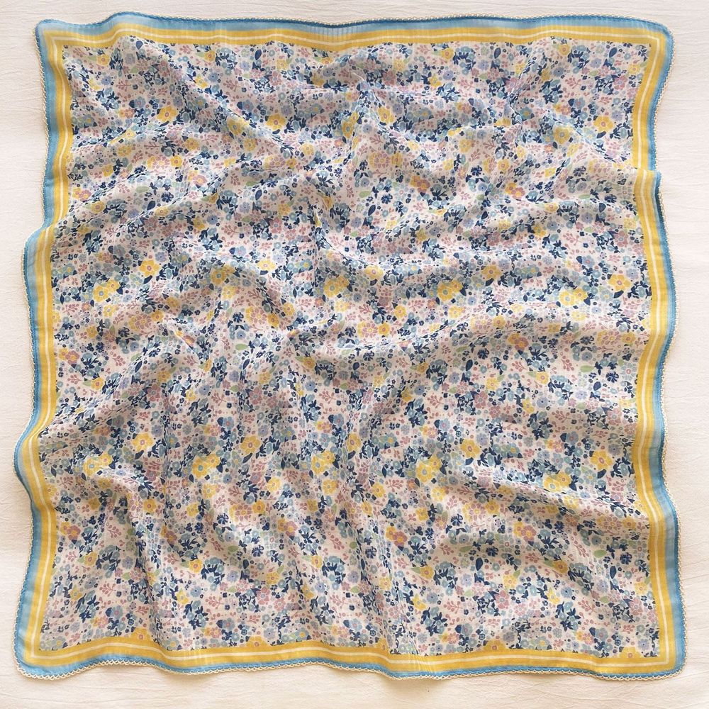 法式棉麻披肩方巾-拼色碎花-黃色 (90x90cm)