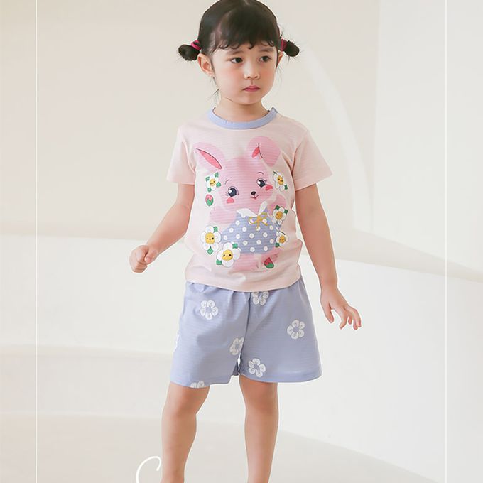 正韓 Puco - 超優質嬰幼兒/兒童短袖100% 有機棉家居服/睡衣-兔子花花
