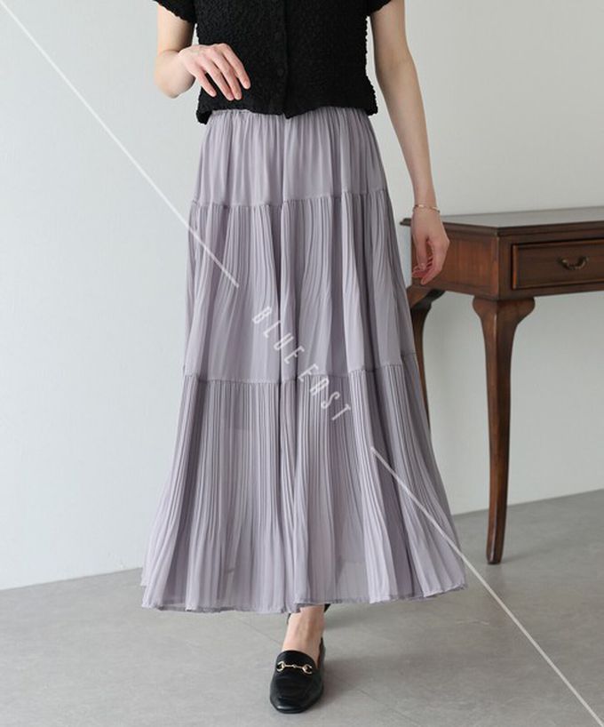 日本 BLUE EAST - 優雅細摺雪紡分層鬆緊長裙-米白 (M)