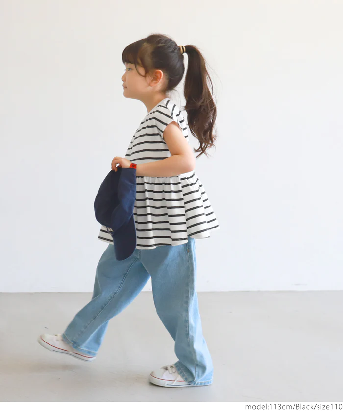 日本 COCA - 橫條紋簡約休閒短袖上衣-孩子-藍