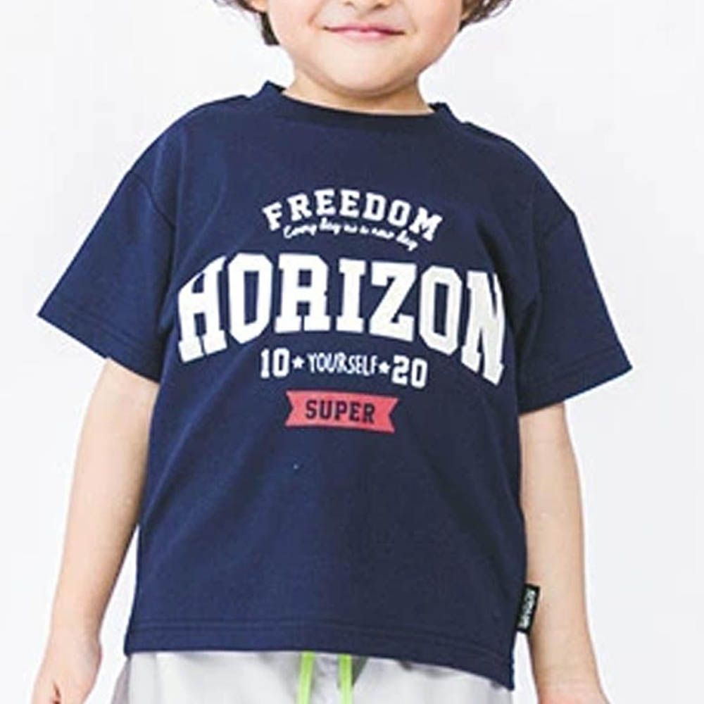 [低價]定番印花短袖上衣-英文標語-海軍藍