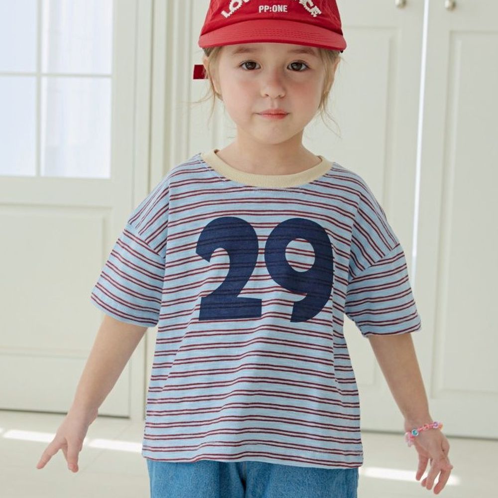 ERINJ 撞色條紋數字點綴短袖上衣-藍X酒紅