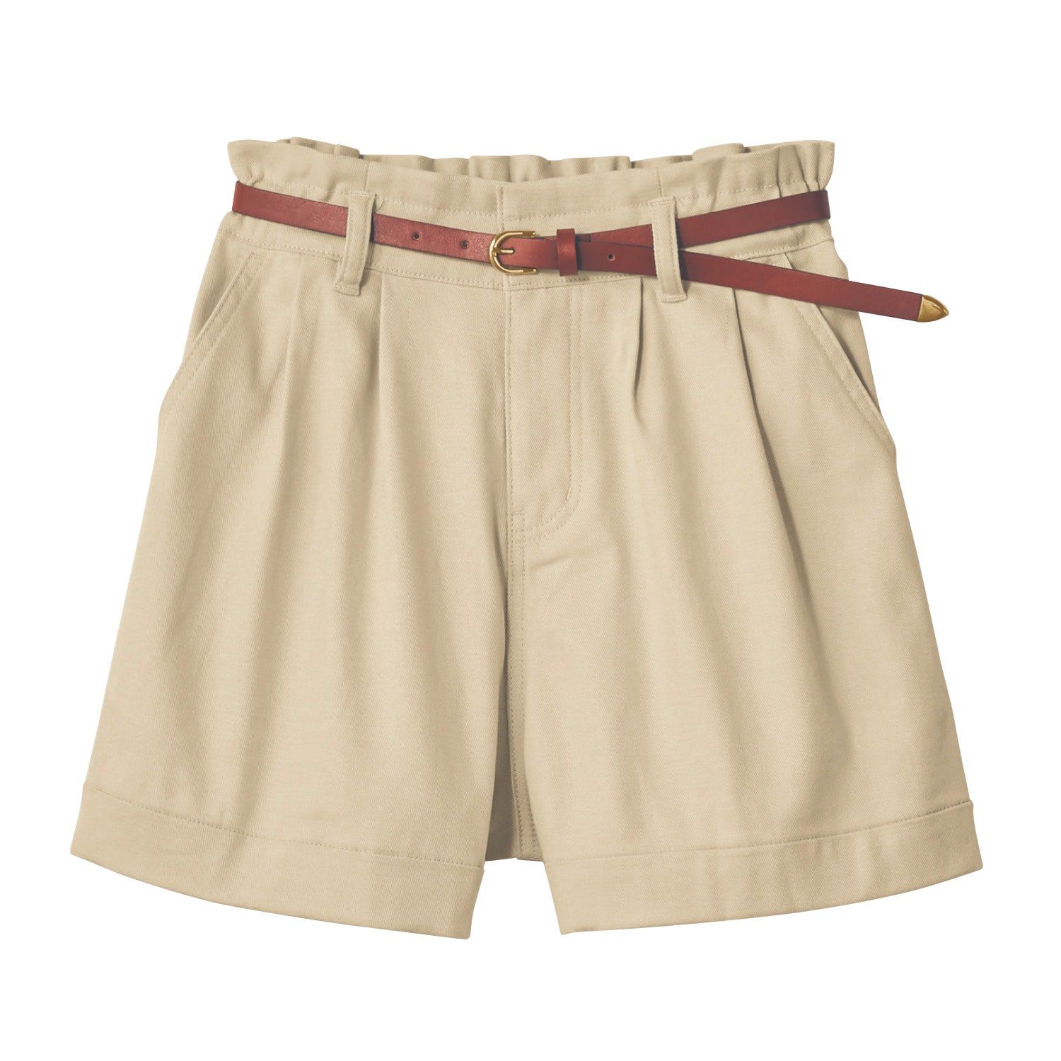 日本 Papel lapiz - 附皮帶腰荷葉邊休閒短褲(腰圍可調)-象牙米