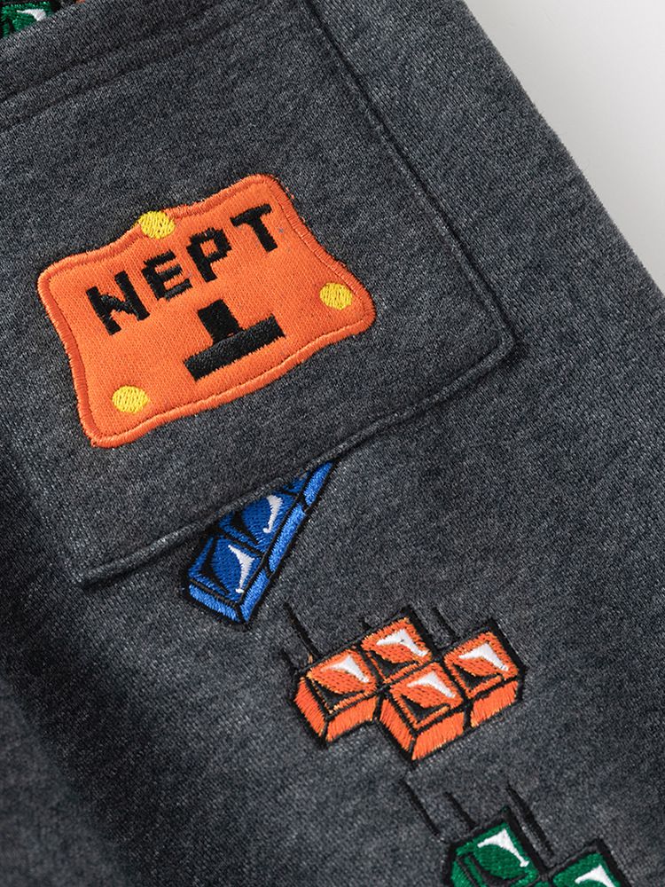 薄絨腰鬆緊休閒保暖束口長褲-俄羅斯方塊-深灰色