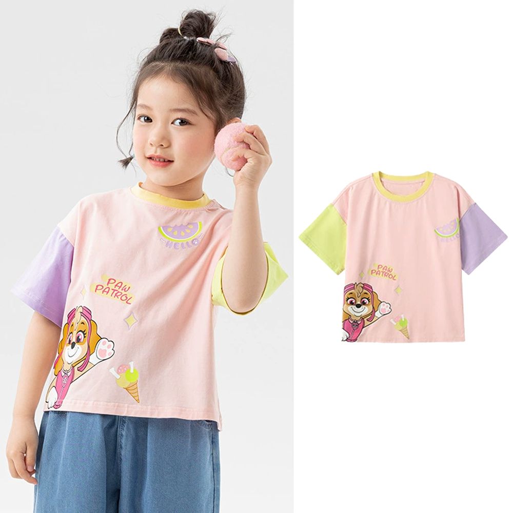 卡通汪汪隊撞色短袖上衣-卡通人物天天-粉色