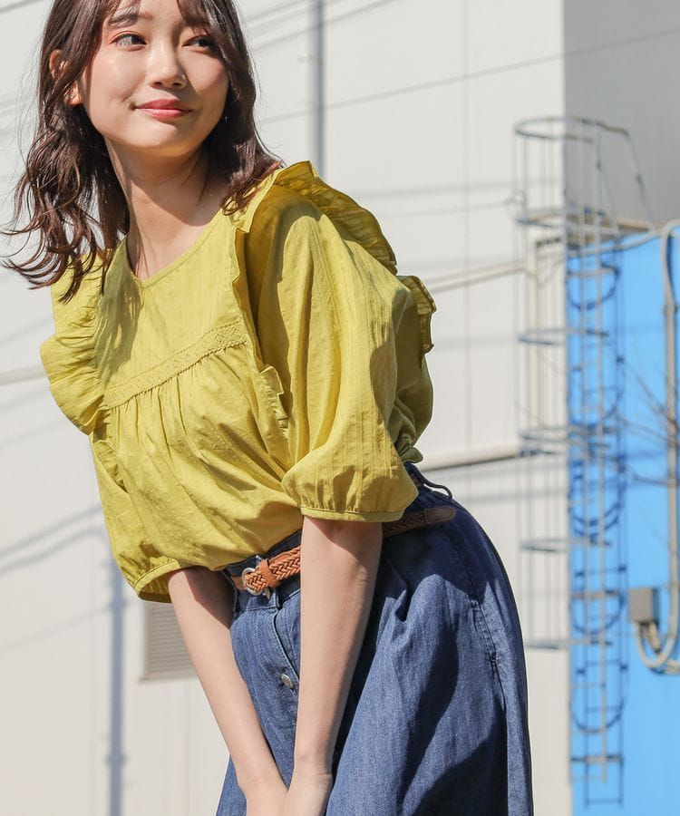 日本 Honeys - 純棉浪漫荷葉飛飛袖七分袖上衣-黃綠