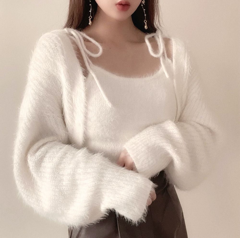 日本 GRL - 時尚毛絨綁帶背心x針織小外套兩件組-時尚黑 (F)