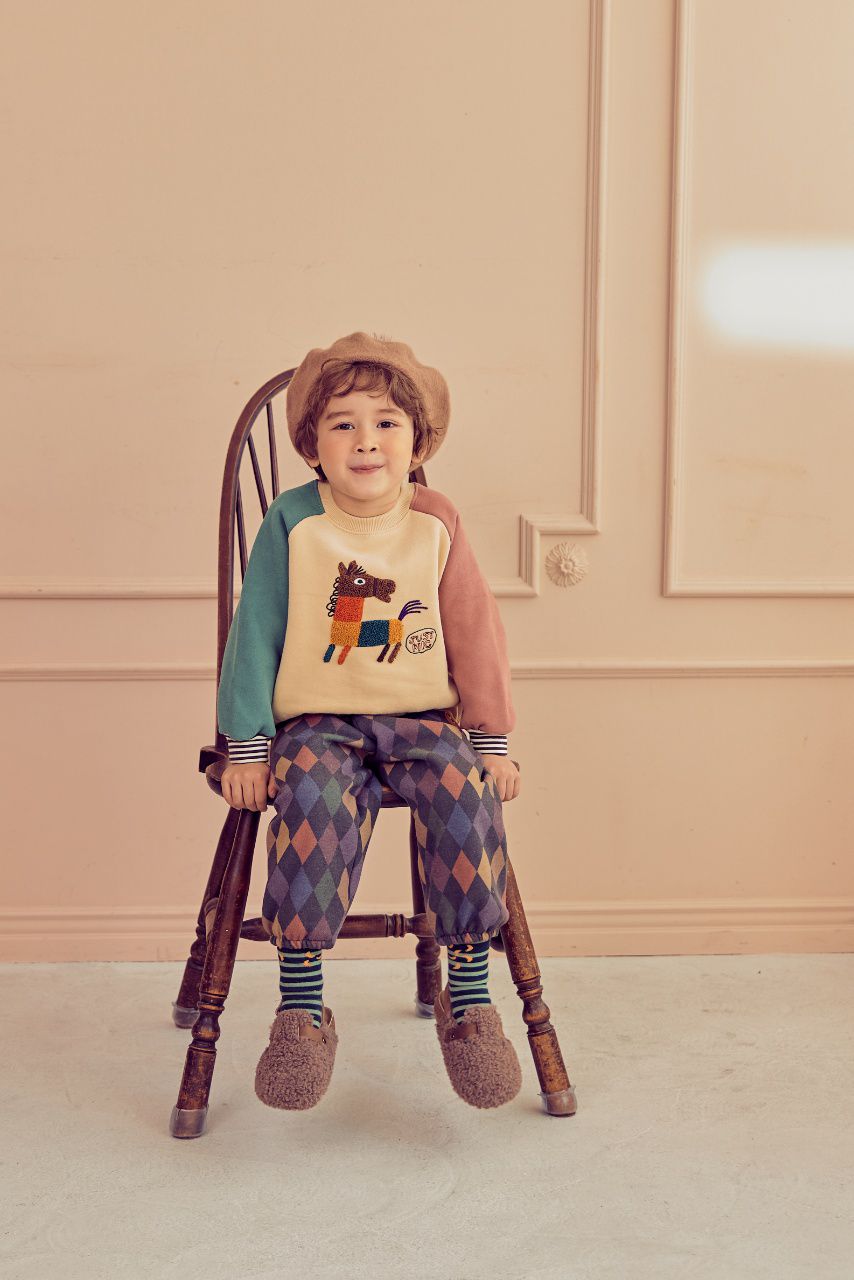 韓國 Mimico - (裏起毛)立體木馬拼接色T