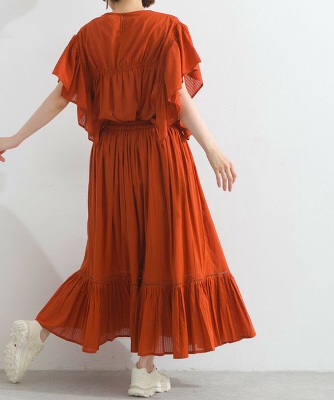 日本 Lupilien - 100%印度棉 飄逸緹花下擺鬆緊長裙-磚橘