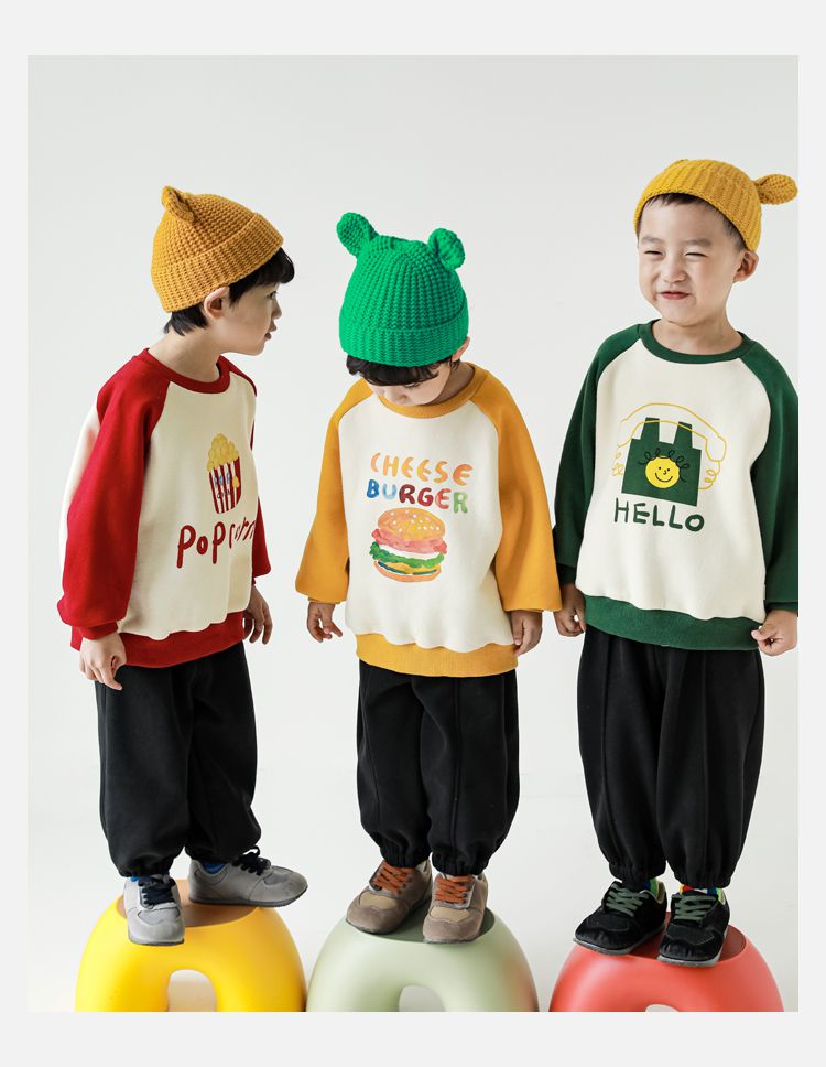 TONGMO - (加絨)卡通圓領保暖長袖上衣/大學T-漢堡-黃+米白