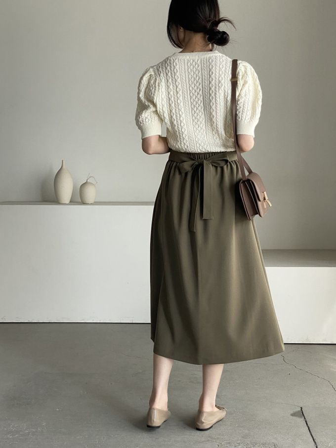 韓國女裝連線 - 麻花辮編織五分袖針織上衣-米白 (FREE)