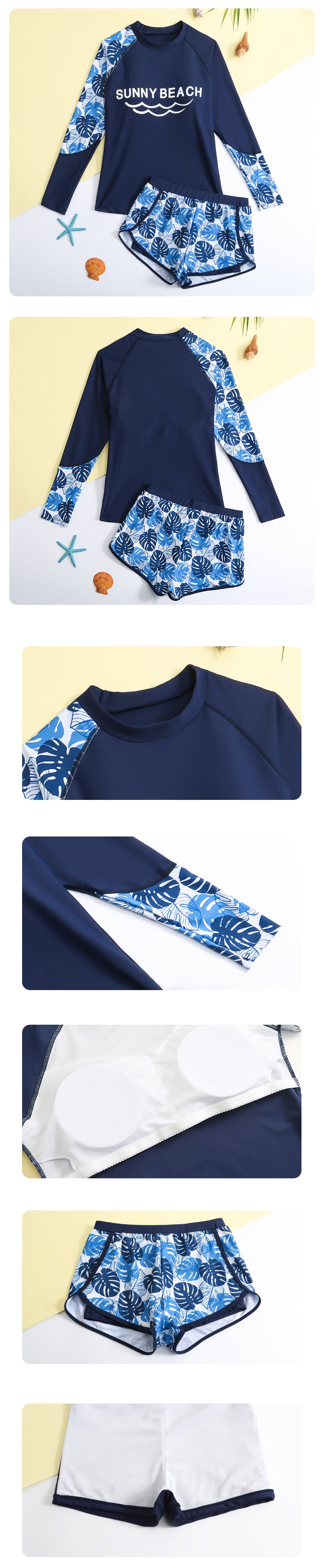 大童女孩運動風長袖泳衣套裝(二件組)-熱帶樹葉-藍色-泳衣、泳褲