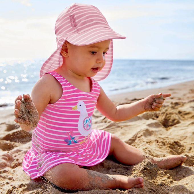英國 JoJo Maman BeBe - 嬰幼兒/兒童泳裝戲水UPF50+防曬護頸遮陽帽-粉嫩條紋