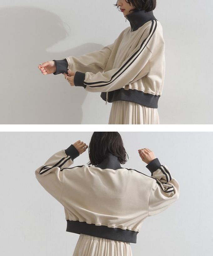 日本 ELENCARE DUE - 麂皮短絨休閒配色運動風夾克-米x炭黑領