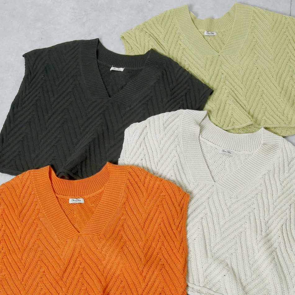 日本 Rejoule - 立體V字坑紋寬鬆針織背心-燕麥 (M(Free size))