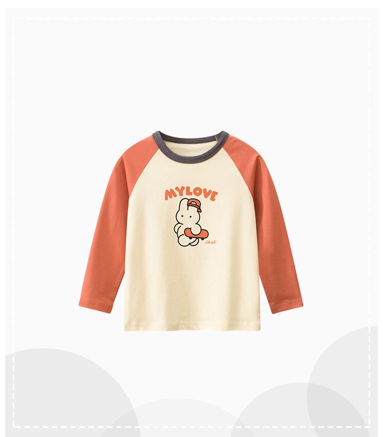 純棉圓領薄長袖上衣-滑板兔兔-杏+深橘