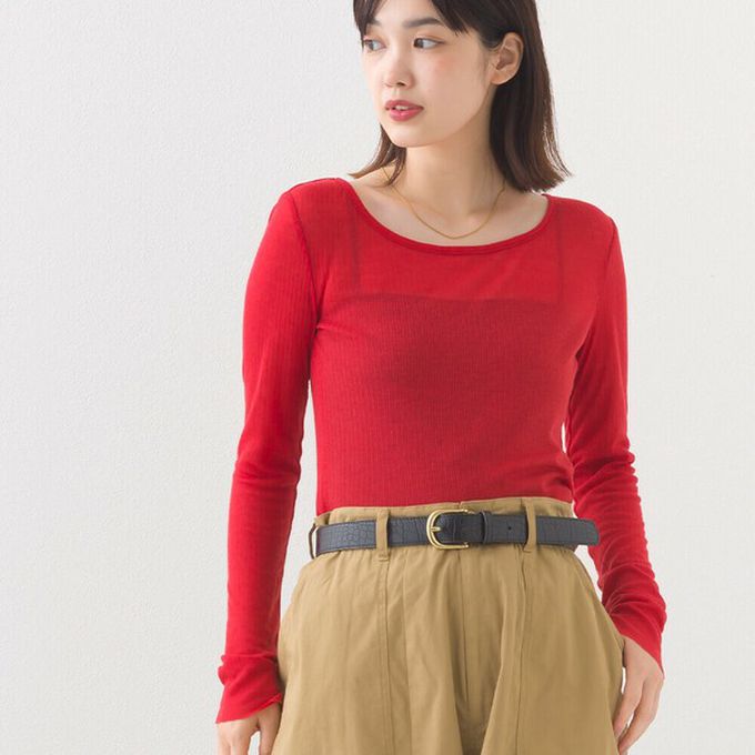 日本 OMNES - 大圓領優美透膚合身薄上衣-紅