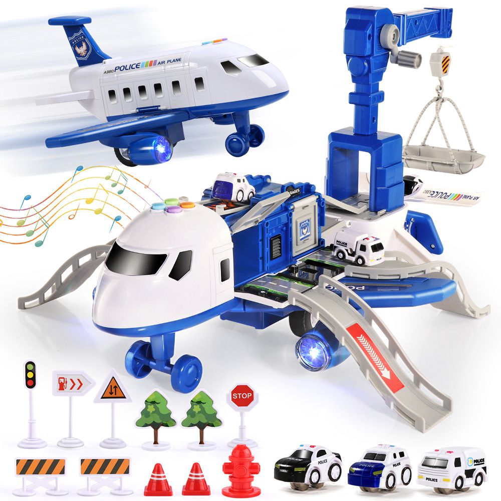 CuteStone - 兒童仿真警察變形聲光飛機套裝玩具15件組