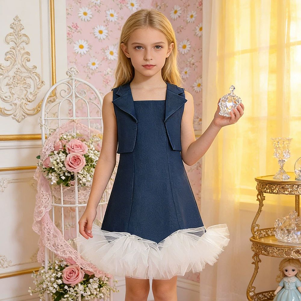 率性翻領兩件式網紗拼接禮服-藍色