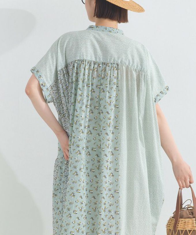 日本 Lupilien - 純棉巴里紗花朵拼布襯衫式洋裝-藍白