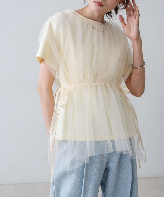 日本 Bab - 仙氣皺摺薄紗 腰綁帶短袖上衣-淺灰