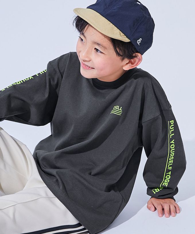 日本 devirock - 100%棉 定番印花寬版長袖上衣-檸檬-黑