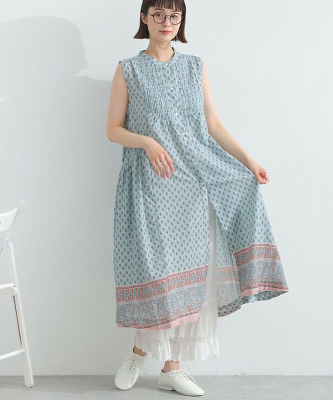 日本 Lupilien - 100%印度棉 清新印花柔軟洋裝-圖騰-白