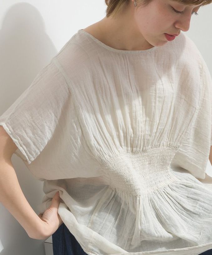 日本 Lupilien - 印度棉 人字紋清爽飄逸瘦腰短袖上衣-黑