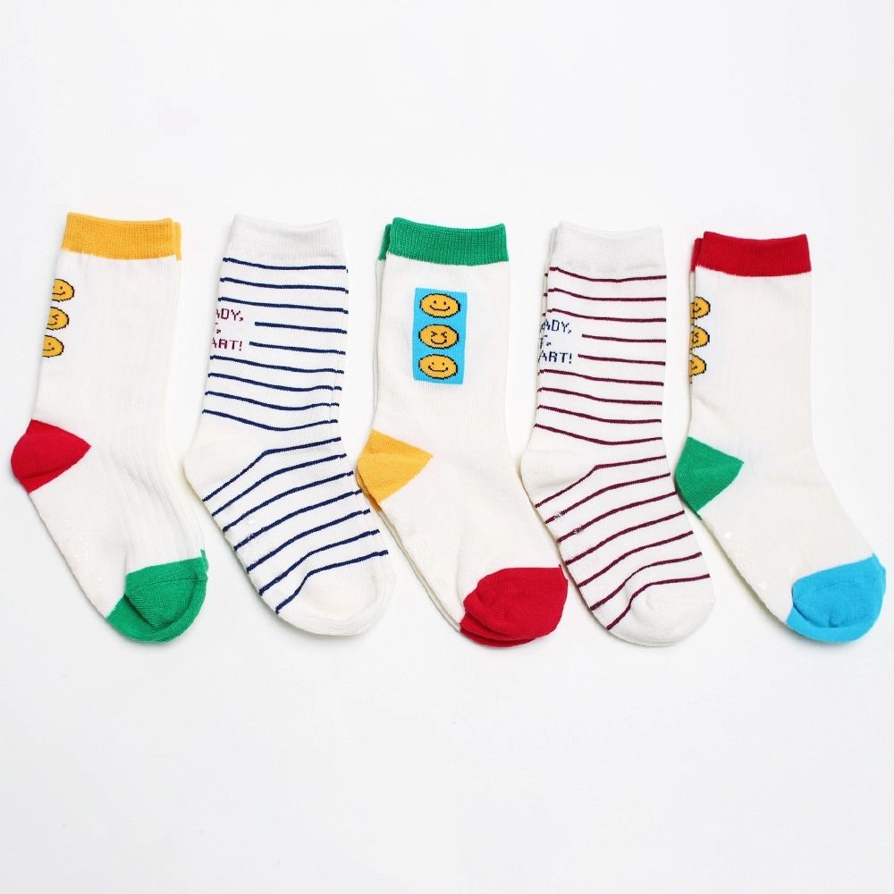 (五入組)韓製兒童中長筒襪-條紋X眨眼笑臉