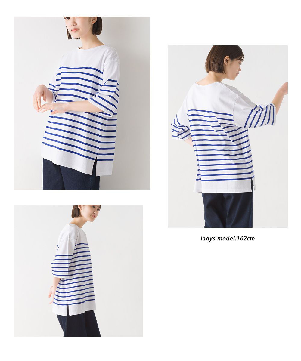 日本 OMNES - 100%棉 圓領條紋五分袖上衣-白x黑