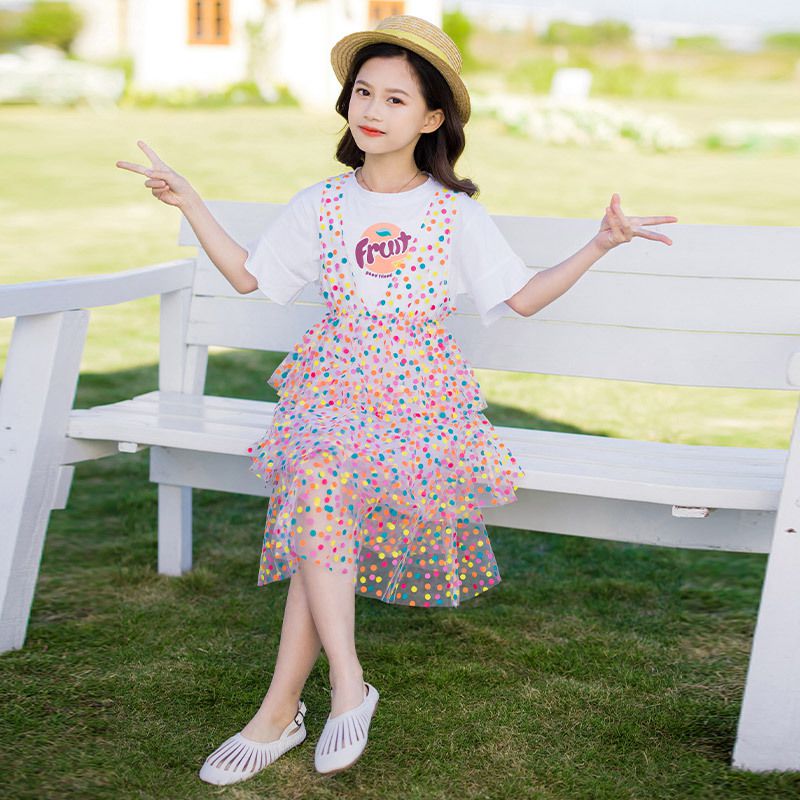 圓領短袖繽紛吊帶網紗蛋糕裙-圓點-白色-上衣+裙子