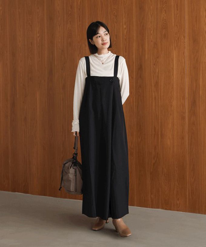 日本 Bab - 斜紋布優雅摺線工裝風吊帶裙-棕咖