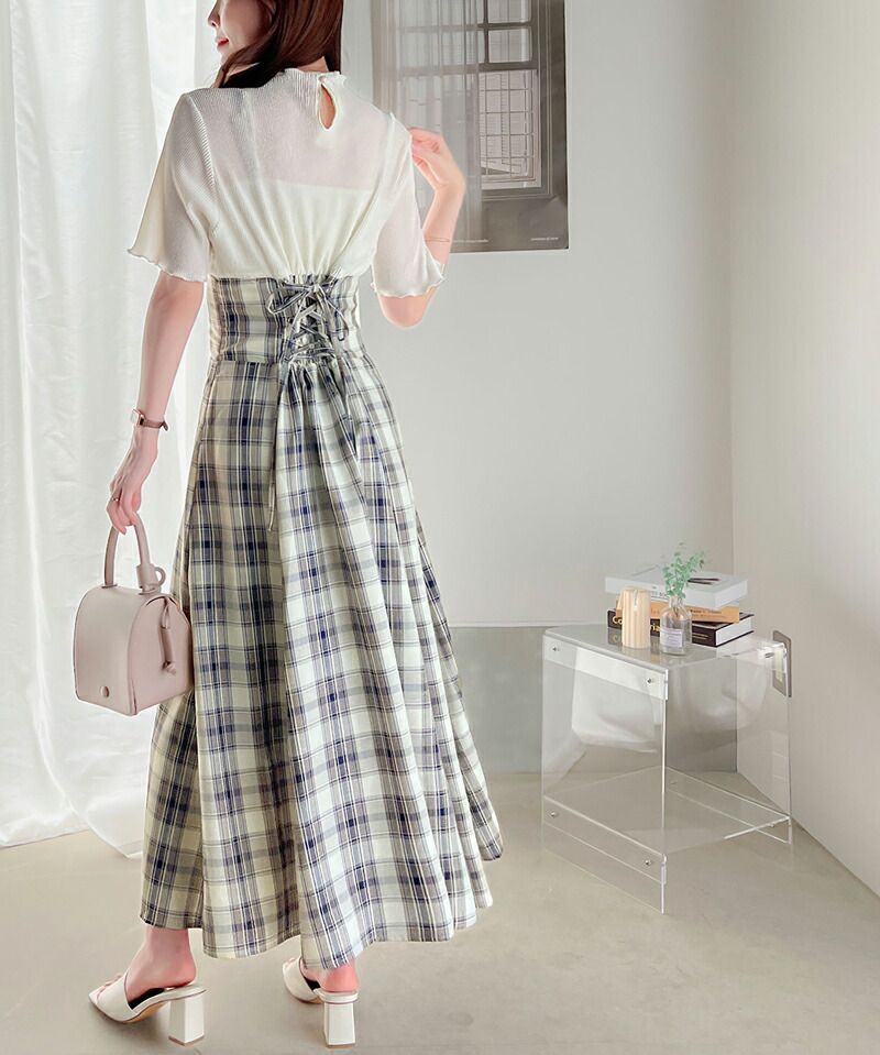 日本 Classical Elf - 浪漫格紋拼接後綁帶短袖洋裝-經典黑