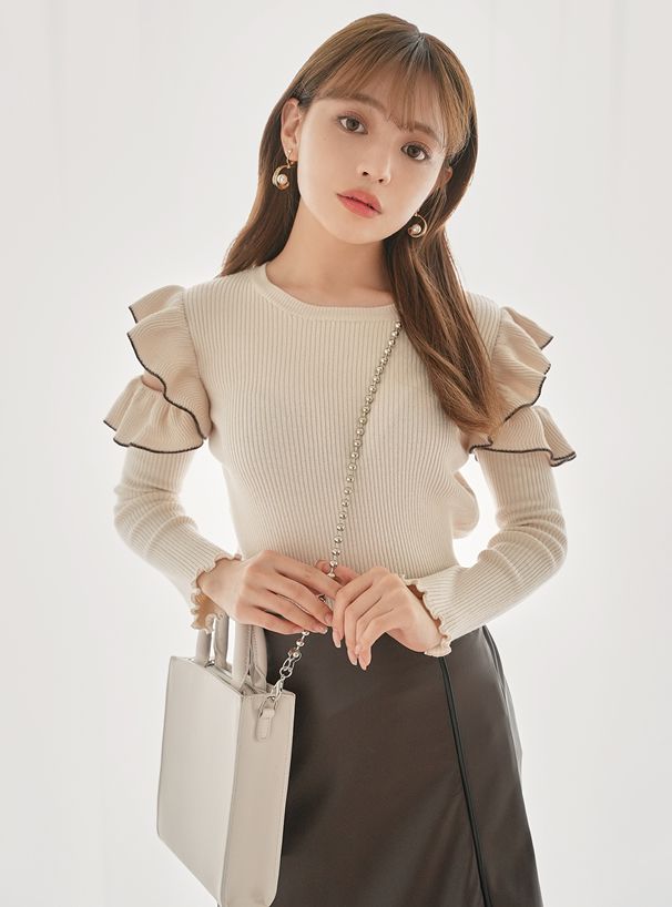 日本 GRL - 雙層荷葉挖肩羅紋長袖上衣-杏