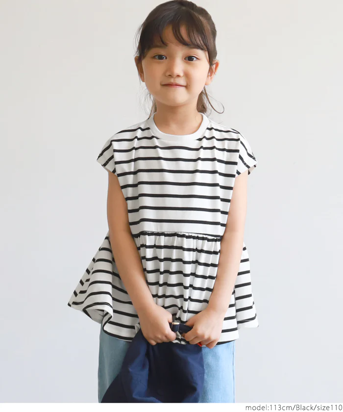 日本 COCA - 橫條紋簡約休閒短袖上衣-孩子-藍