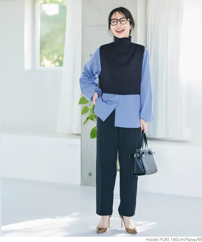 日本 COCA - 高領針織背心+前短後長襯衫2件組-黑