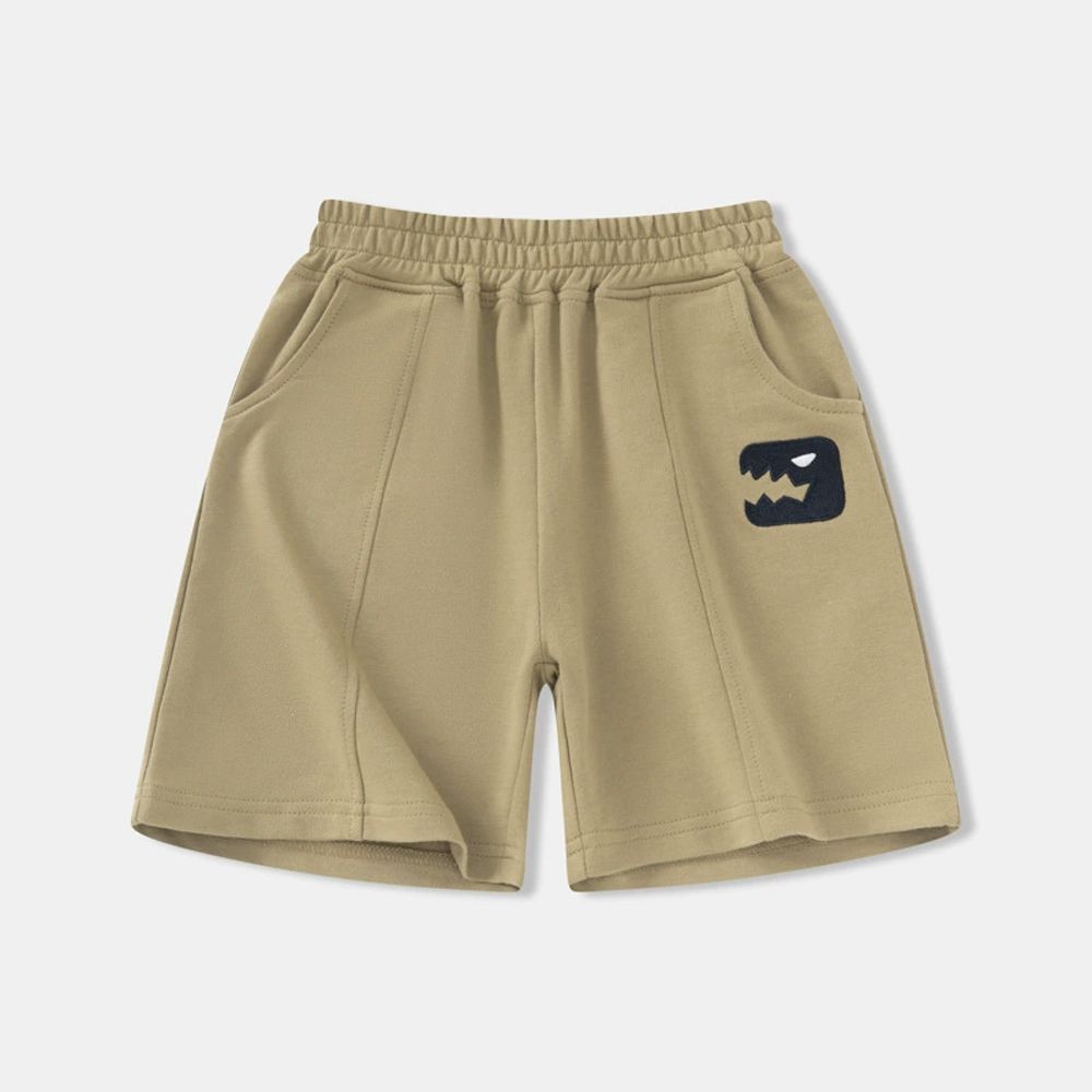 純棉休閒短褲-怪獸大嘴-卡其