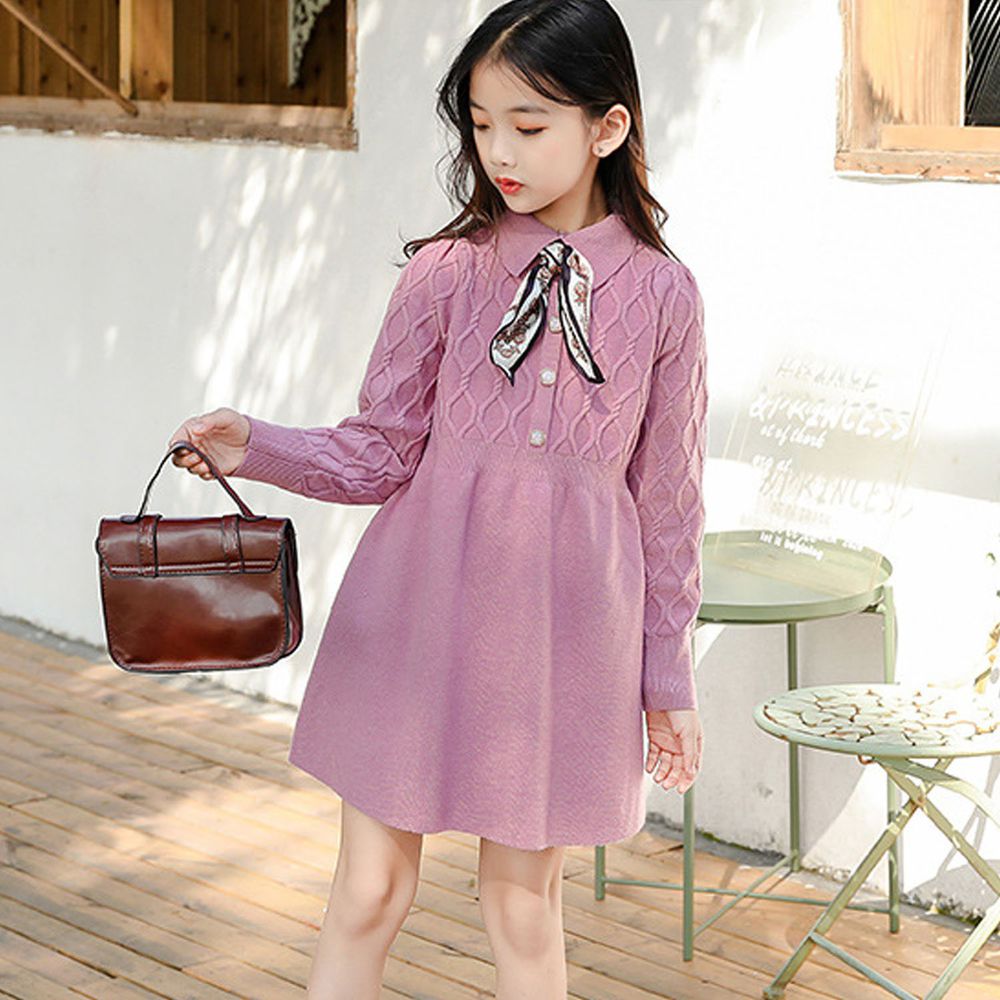 氣質領巾針織連身裙-粉紫色