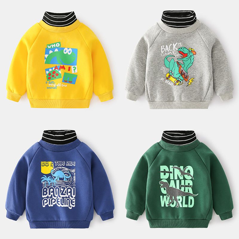 WELLKIDS - 假兩件高領長袖休閒上衣-字母暴龍-綠色