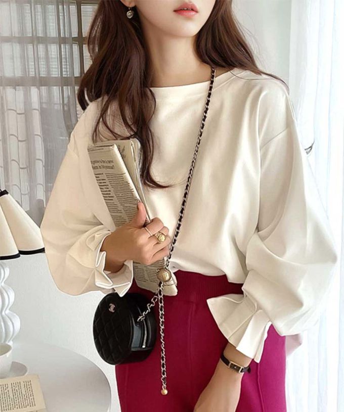 日本 Classical Elf - 100%棉 船領顯瘦糖果袖上衣-黑