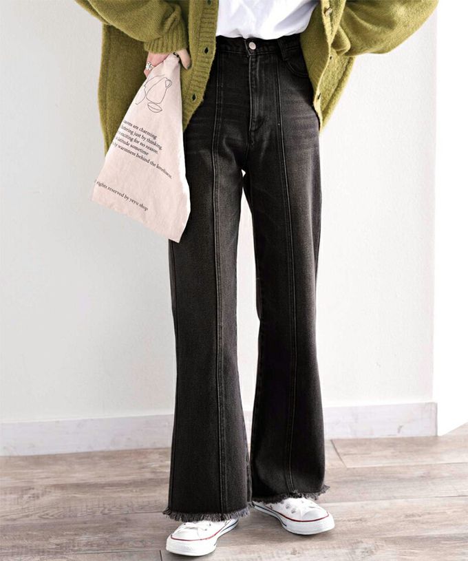 日本 Classical Elf - 顯瘦美腿彈性微喇叭長褲-刷舊黑