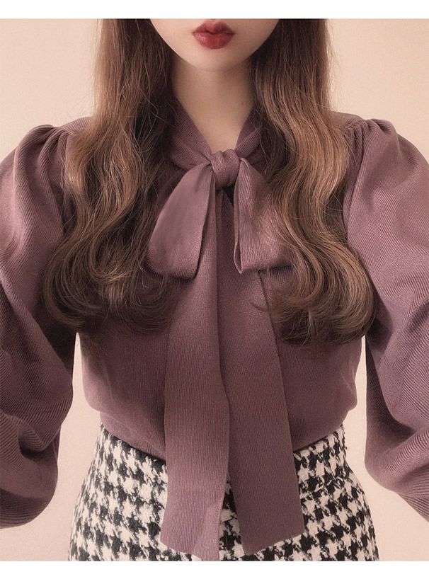 日本 GRL - 蝴蝶扭結氣球袖針織上衣-淺灰杏