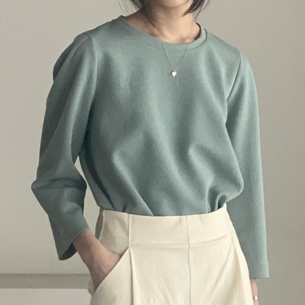 設計感抓褶拼接八分袖上衣-藍綠 (FREE)